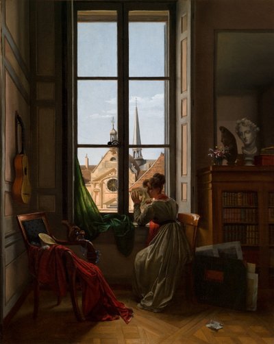 Interno con giovane donna che traccia un fiore, 1820-22 circa (olio su tela) da Louise Adeone Droelling