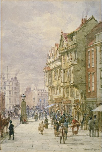 Vista verso est lungo Holborn con figure e veicoli trainati da cavalli sulla strada, Londra da Louise Rayner