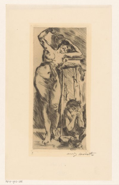 Nudo femminile con ventaglio in mano e figura accovacciata alla sua destra da Lovis Corinth (signed by artist)