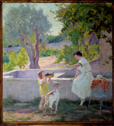 Madame Prat e sua figlia nel giardino con la capretta da Loys Prat