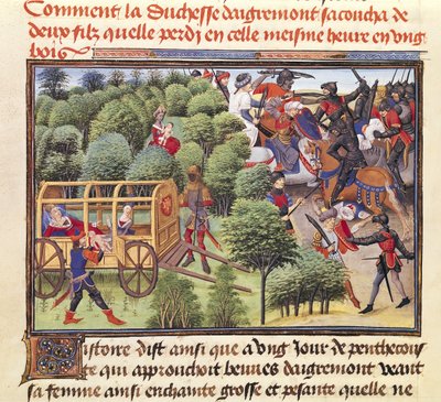 Ms 5072 f.6v Come la duchessa di Aigremont diede alla luce due figli e li perse nella stessa ora in un bosco, dal ciclo di Renaud de Montauban da Loyset Liedet