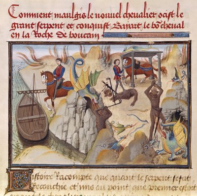 Ms 5072 fol.37v Maugis combatte il serpente e ottiene il cavallo incantato, Bayard, dal ciclo di Renaud de Montauban da Loyset Liedet