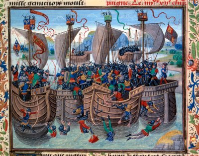 Veduta della Battaglia di Guernsey tra francesi e inglesi che oppongono Robert d