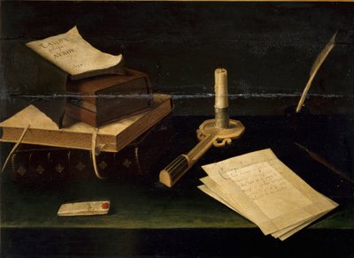 Natura morta di libri, piuma, lettera e candela da Lubin Baugin