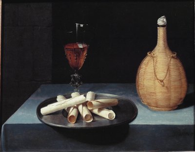 Natura morta con dessert di wafer, bottiglia di vino e bicchiere da Lubin Baugin
