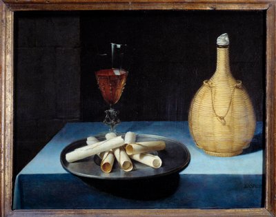 Natura morta con dessert di wafer, bottiglia di vino e bicchiere da Lubin Baugin