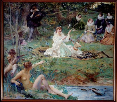 Marie F. des Ursins, Duchessa di Montmorency e il poeta Théophile de Viau a Chantilly al Padiglione di Sylvie da Luc Oliver Merson