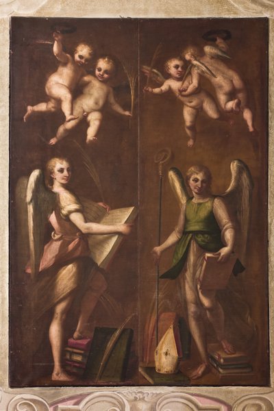 Genova, Duomo (Cattedrale di San Lorenzo), sacrestia, cappella: "Angeli con insegne episcopali, libri e rami di palma", di Luca Cambiaso, circa 1580 da Luca Cambiaso
