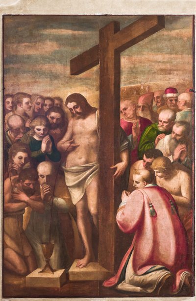 Genova, Duomo (Cattedrale di San Lorenzo), sacrestia, cappella: "Cristo Eucaristico adorato dai Santi", di Luca Cambiaso, circa 1580 da Luca Cambiaso