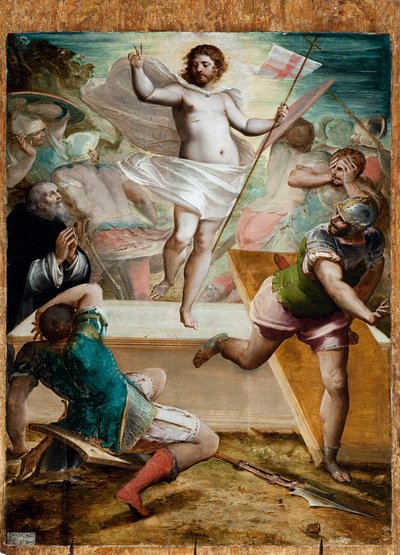 Resurrezione, Gesù tiene una croce di bastone alla fine della quale sventola uno stendardo con una croce rossa da Luca Cambiaso