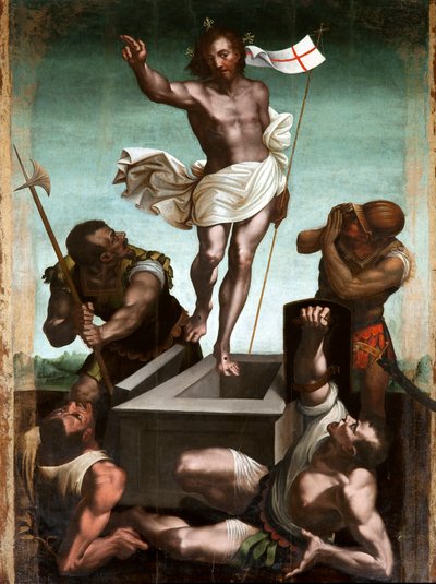 La resurrezione. Gesù Cristo tiene un bastone a croce alla cui estremità sventola una bandiera bianca con una croce rossa da Luca Cambiaso