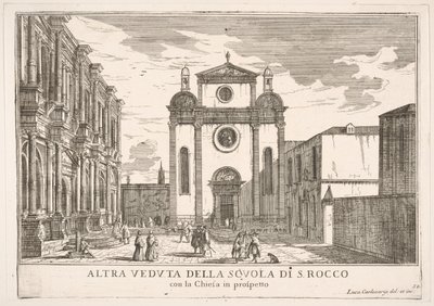 Tavola 38: Vista della facciata della chiesa di San Rocco e a sinistra la facciata della Scuola, 1703 da Luca Carlevarijs