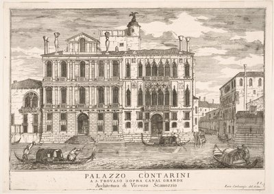 Tavola 85: Vista del Palazzo Contarini in Campo San Trovaso, Venezia, 1703, da La costruzione..., 1703 da Luca Carlevarijs
