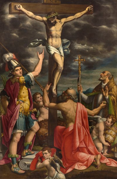 Altare di San Fermo, Crocifissione con i Santi Fermo, Girolamo e Papa Gregorio XIV, Luca Cattapane 1593 da Luca Cattapane