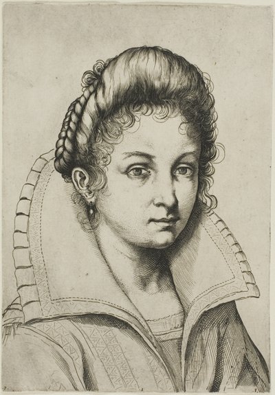 Busto ritratto di una donna con un grande colletto, dalla Scuola Perfetta per Imparare a Disegnare l