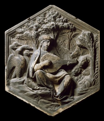 Allegoria della Musica come Orfeo. Gli animali della foresta ascoltano Orfeo suonare il liuto. Alto rilievo di Luca della Robbia da Luca Della Robbia