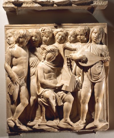 Laudate Eum in chordis et organo (Salmo 150, Laudate Dominum), pannello con ragazzi che cantano con organo, arpa e liuto da Luca Della Robbia