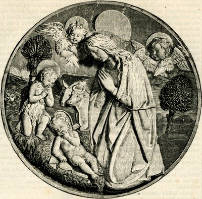 Madonna in adorazione del Bambino con il Bambino San Giovanni Battista e cherubini, di Luca della Robbia (1399/1400-1482), Prato, Toscana, Italia, xilografia da Le cento città d