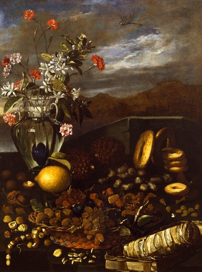 Natura morta con frutta secca, fiori e paesaggio da Luca Forte