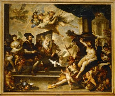 Rubens al lavoro mentre dipinge: Allegoria della Pace ... (dipinto su tela) da Luca Giordano