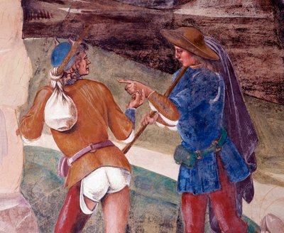 San Benedetto ammonisce il fratello del monaco Valeriano che ha rotto il digiuno (dettaglio) da Luca Signorelli