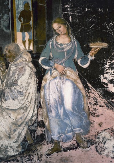 San Benedetto dice a due monaci quando e dove hanno mangiato fuori dal monastero, scena dalla Vita di San Benedetto da Luca Signorelli