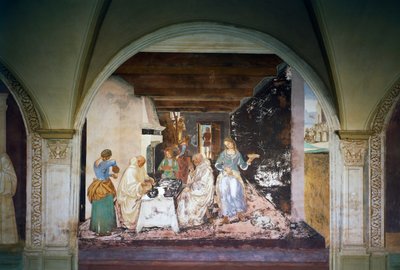 Benedetto dice a due monaci quando e dove hanno mangiato fuori dal monastero, scena dalla Vita di San Benedetto da Luca Signorelli