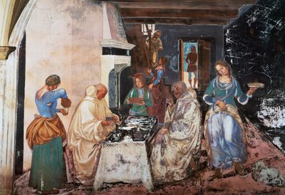 Benedetto dice ai monaci dove e quando hanno mangiato mentre erano fuori dal Monastero, scena dalle Storie di San Benedetto da Luca Signorelli