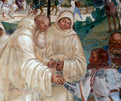 Benedetto accoglie Totila che è venuto a scusarsi per aver messo alla prova Benedetto - Dettaglio affresco del chiostro realizzato da Luca Signorelli che racconta la vita di San Benedetto da Norcia da Luca Signorelli