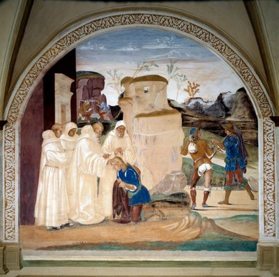 Vita di San Benedetto da Norcia (ca. 480-547): Benedetto ammonisce il fratello del monaco Valeriano che ha rotto il digiuno da Luca Signorelli
