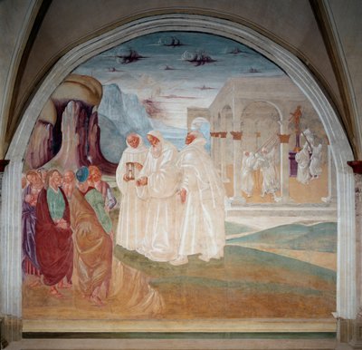 San Benedetto evangelizzò gli abitanti di Montecassino, sullo sfondo i monaci abbattono una statua di Apollo (affresco) da Luca Signorelli