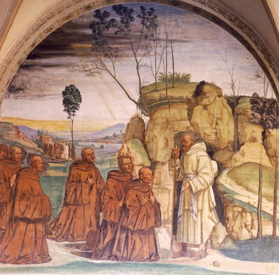 Storie di San Benedetto, affreschi nel chiostro di San Benedetto a Monte Oliveto, Siena, dettaglio da Luca Signorelli