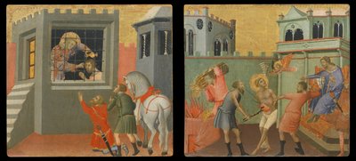 Pannello di predella: Santo diacono battezza un neofita prigioniero, Il santo diacono martirizzato alla presenza di un magistrato romano da Luca di Tommè