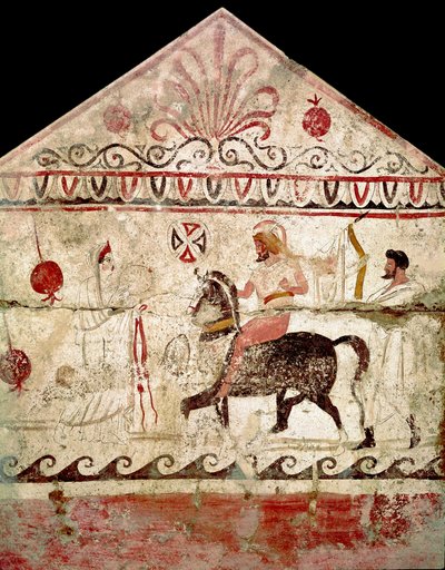 Il ritorno del guerriero vittorioso, affresco lucano del IV secolo a.C., dalla tomba 86, necropoli di Andriuolo a Paestum da Lucanian School