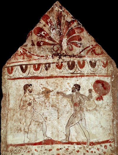 Due atleti che giocano a pugilato. Affresco lucano del IV secolo a.C., dalla necropoli di Paestum, Italia. Museo nazionale archeologico, Paestum da Lucanian School