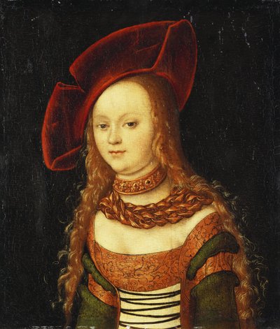 Ritratto di una giovane ragazza, mezzo busto, con un costume verde e oro e un cappello rosso da Lucas Cranach