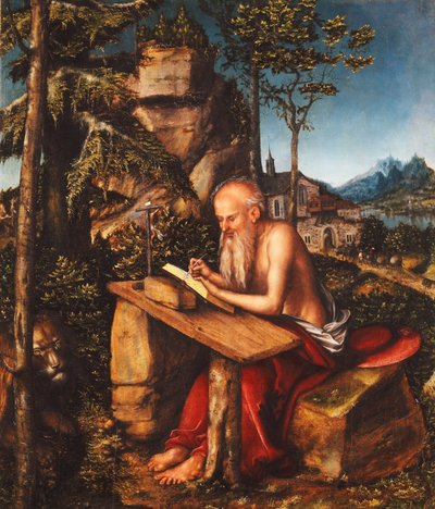 San Girolamo che scrive in un paesaggio roccioso, c.1515 da Lucas Cranach
