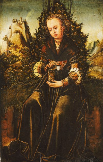 Santa Maria Maddalena seduta su un Margine Erboso in un Paesaggio Montuoso da Lucas Cranach