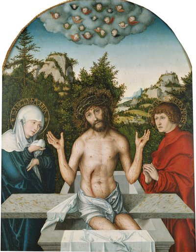 Pala Pfirtscher: Cristo come Uomo dei dolori, seduto su un sarcofago tra la Vergine e San Giovanni [pannello centrale]. da Lucas Cranach the Elder