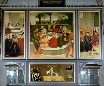Trittico, pannello sinistro, Philipp Melanchthon esegue un battesimo assistito da Martin Lutero; pannello centrale, l