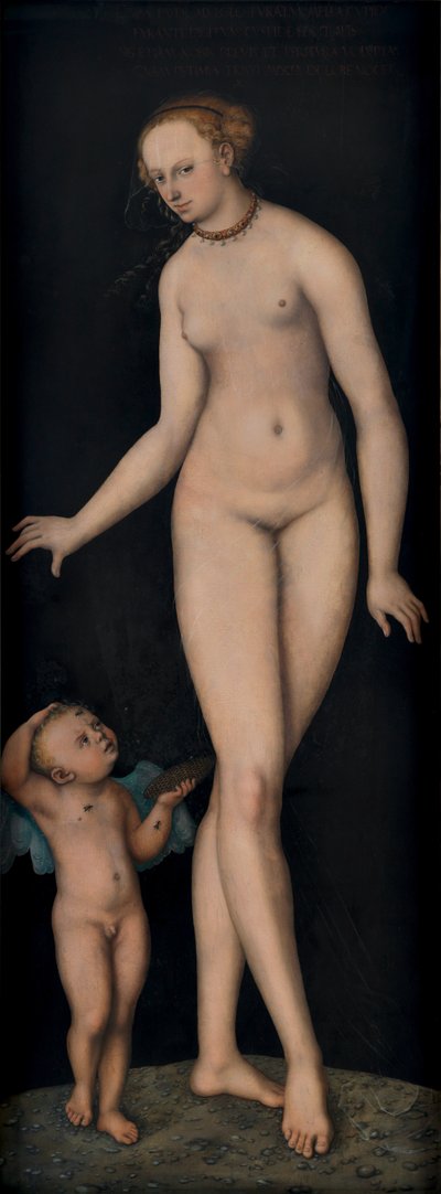 Venere con Amore come ladro di miele su sfondo nero da Lucas Cranach the Elder