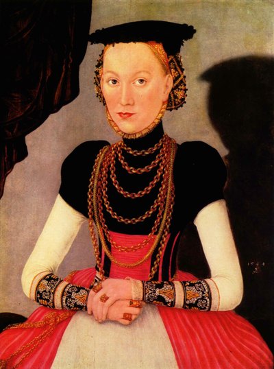 Tedesco: Weibliches Bildnis / Bildnis einer Frau (eine geborene Hoffmann aus Leipzig) Ritratto femminile / Ritratto di donna (una Hoffmann di nascita di Lipsia) da Lucas Cranach the Younger