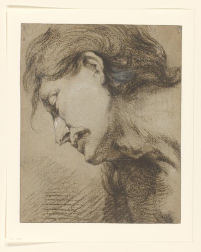 Testa di uomo con capelli lunghi, guardando in basso a sinistra da Lucas Franchoys (attributed to)