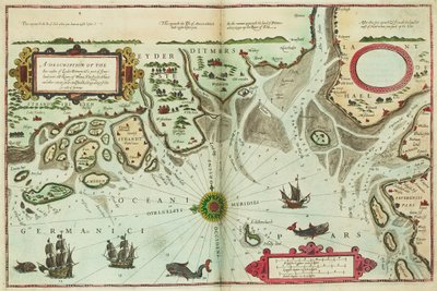 Descrizione delle coste marine di Eyder Ditmers e una parte di Jeverland con i fiumi Weser, Elve, Eyder, Hever e altri ingressi sabbiosi e bassifondi, lungo la costa marina della Germania da Lucas Janszoon Waghenaer
