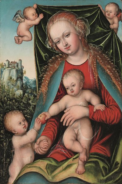La Vergine e il Bambino con il piccolo San Giovanni Battista e angeli, paesaggio forestale con fortezza su una scogliera, c.1512 da Lucas The Elder (studio of) Cranach