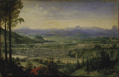 Vista di Linz con artista che disegna in primo piano, 1593 da Lucas Valckenborch van