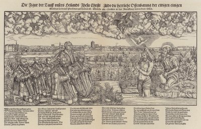 Federico III, Elettore di Sassonia e Martin Lutero assistono al battesimo di Cristo (incisione) da Lucas the Elder (after) Cranach