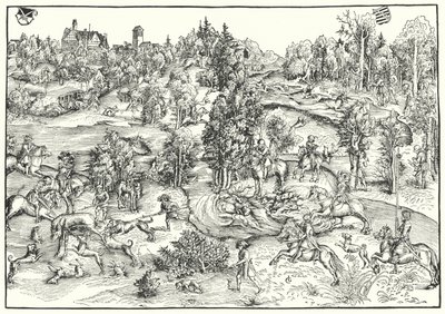 Caccia al cervo in un parco dei cervi o paesaggio (incisione) da Lucas the Elder (after) Cranach