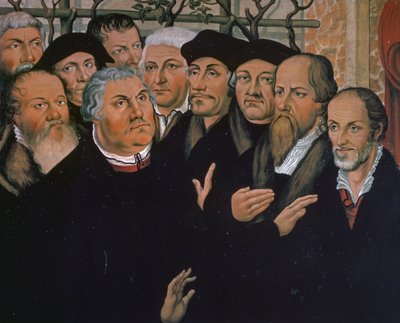 Martin Lutero con rappresentanti della Riforma Protestante, a destra Melantone, al centro Erasmo da Rotterdam, (dettaglio) da Lucas the Elder Cranach