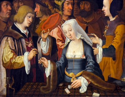 Il lettore di carte, fine XVI-inizio XVII secolo (Olio su tavola) da Lucas van (after) Leyden